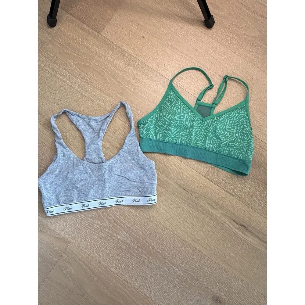 2 Victoria's Secret PINK Sports Bras Size Medium M Gray Green
